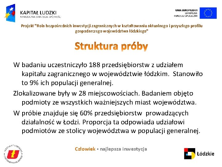 Projekt "Rola bezpośrednich inwestycji zagranicznych w kształtowaniu aktualnego i przyszłego profilu gospodarczego województwa łódzkiego"