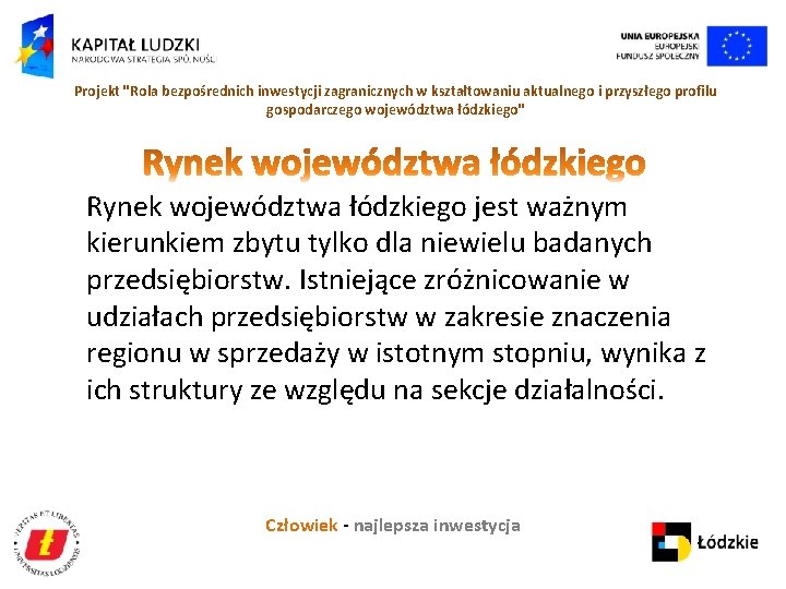 Projekt "Rola bezpośrednich inwestycji zagranicznych w kształtowaniu aktualnego i przyszłego profilu gospodarczego województwa łódzkiego"