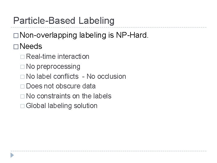 Particle-Based Labeling � Non-overlapping labeling is NP-Hard. � Needs � Real-time interaction � No