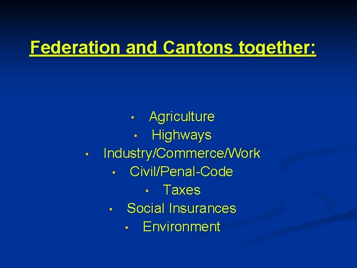 Federation and Cantons together: Agriculture • Highways Industry/Commerce/Work • Civil/Penal-Code • Taxes • Social