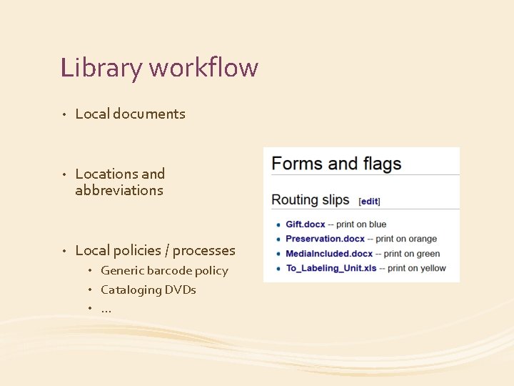Library workflow • Local documents • Locations and abbreviations • Local policies / processes