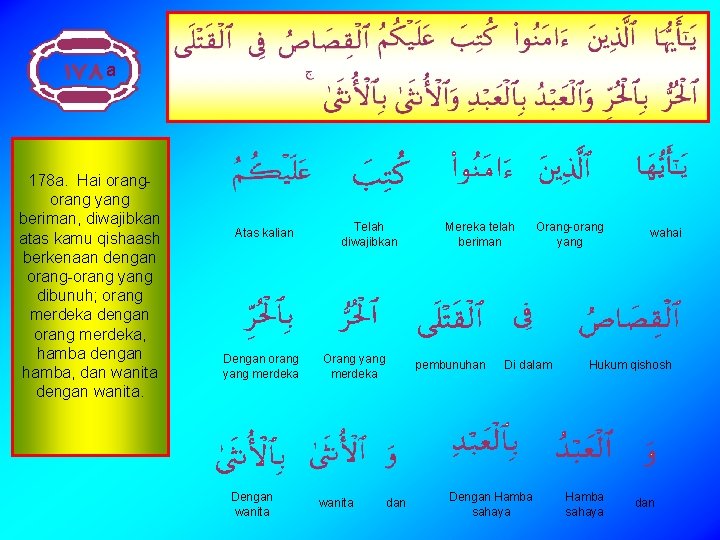 a 178 a. Hai orang yang beriman, diwajibkan atas kamu qishaash berkenaan dengan orang-orang
