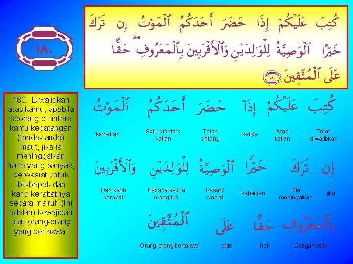 180. Diwajibkan atas kamu, apabila seorang di antara kamu kedatangan (tanda-tanda) maut, jika ia