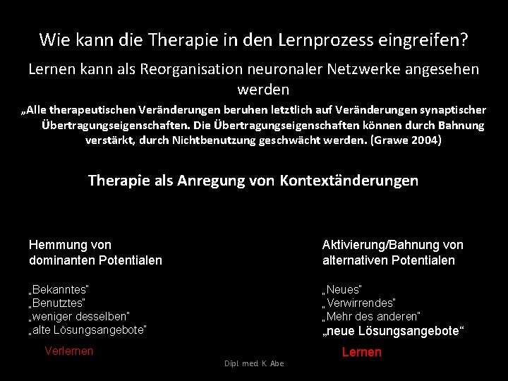 Wie kann die Therapie in den Lernprozess eingreifen? Lernen kann als Reorganisation neuronaler Netzwerke