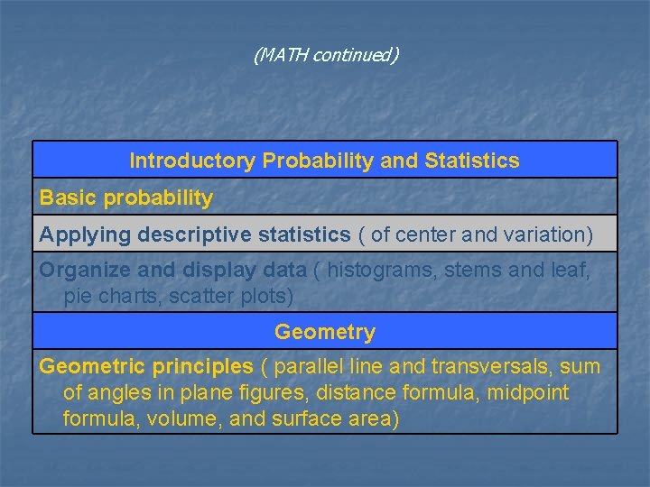 (MATH continued) Introductory Probability and Statistics Basic probability Applying descriptive statistics ( of center