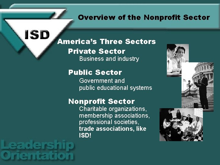 Overview of the Nonprofit Sector America’s Three Sectors Private Sector Business and industry Public
