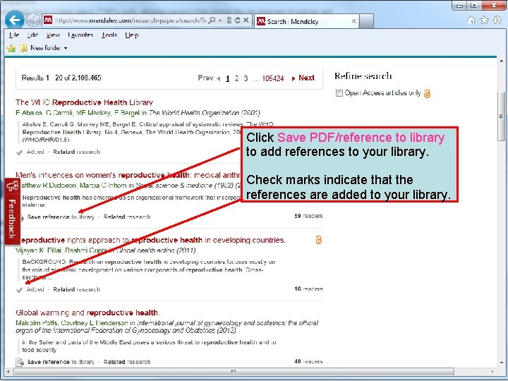 Click Save PDF/reference to library to add references to your library. Check marks indicate