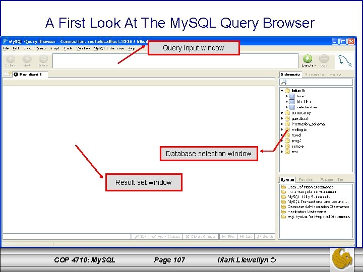 A First Look At The My. SQL Query Browser Query input window Database selection