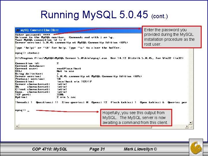 Running My. SQL 5. 0. 45 (cont. ) Enter the password you provided during