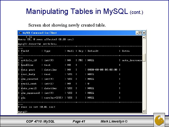 Manipulating Tables in My. SQL (cont. ) Screen shot showing newly created table. COP