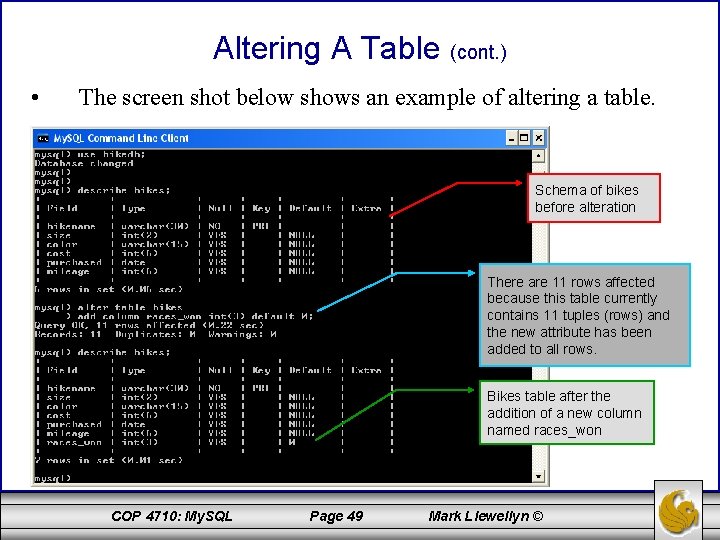 Altering A Table (cont. ) • The screen shot below shows an example of