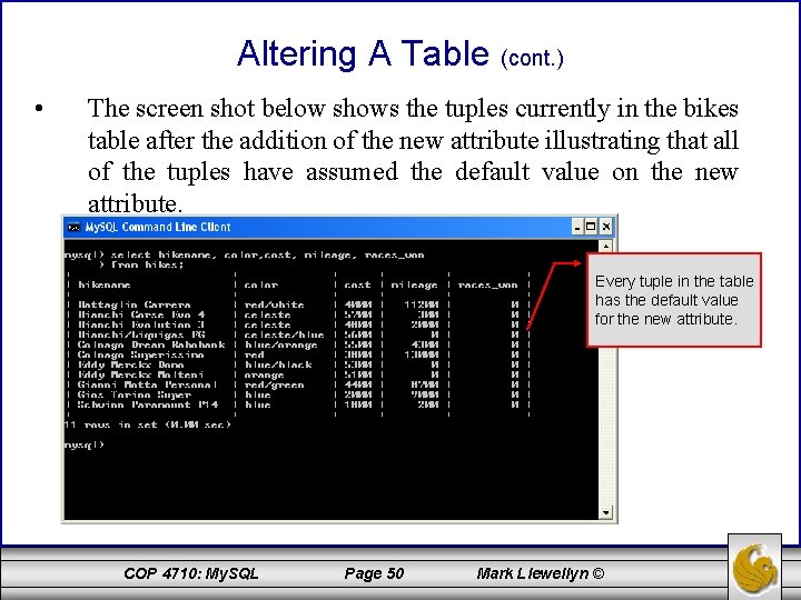 Altering A Table (cont. ) • The screen shot below shows the tuples currently