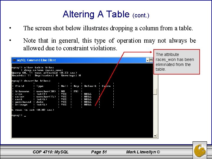 Altering A Table (cont. ) • The screen shot below illustrates dropping a column