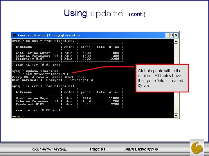 Using update (cont. ) Global update within the relation. All tuples have their price