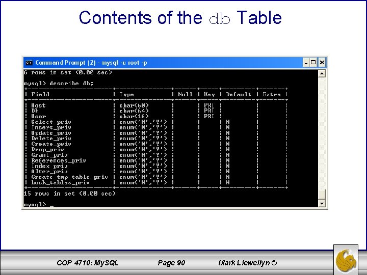 Contents of the db Table COP 4710: My. SQL Page 90 Mark Llewellyn ©