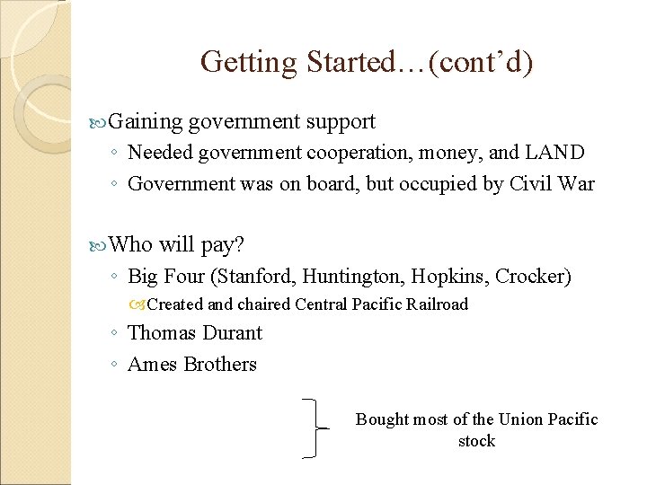 Getting Started…(cont’d) Gaining government support ◦ Needed government cooperation, money, and LAND ◦ Government