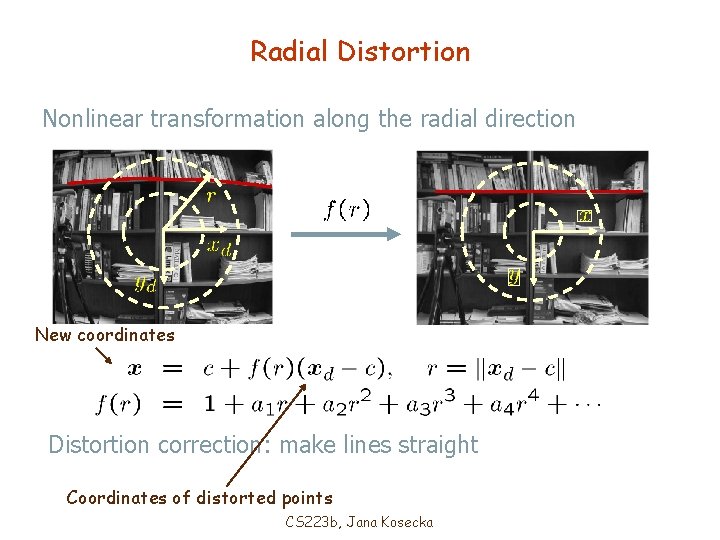 Radial Distortion Nonlinear transformation along the radial direction New coordinates Distortion correction: make lines