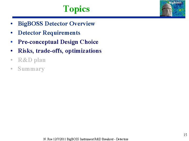 Topics • • • Big. BOSS Detector Overview Detector Requirements Pre-conceptual Design Choice Risks,