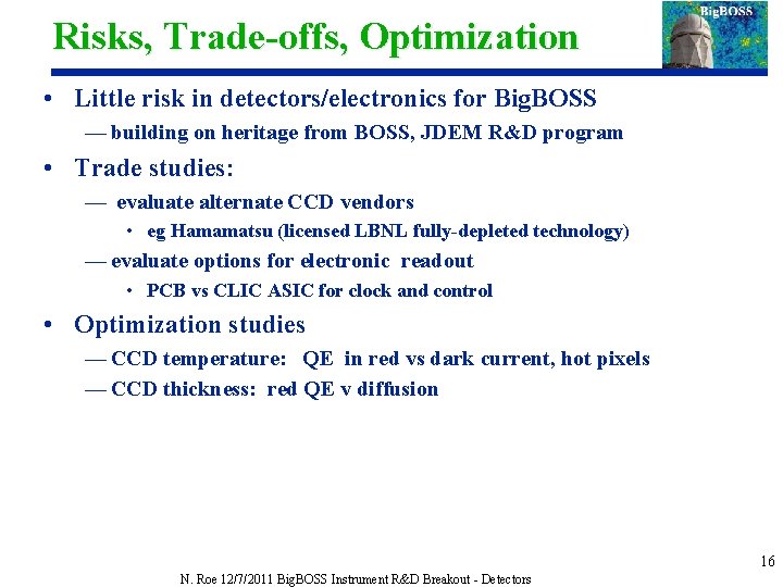 Risks, Trade-offs, Optimization • Little risk in detectors/electronics for Big. BOSS — building on
