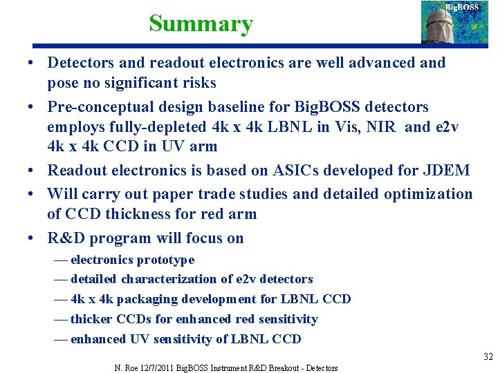 Summary • Detectors and readout electronics are well advanced and pose no significant risks