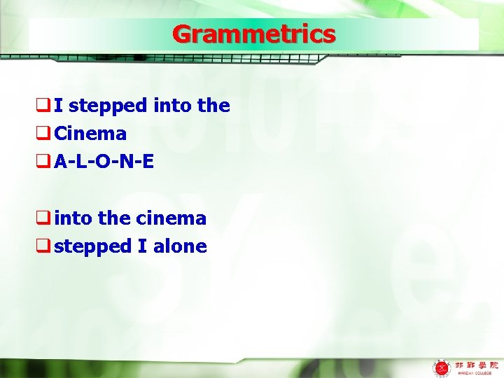 Grammetrics q I stepped into the q Cinema q A-L-O-N-E q into the cinema