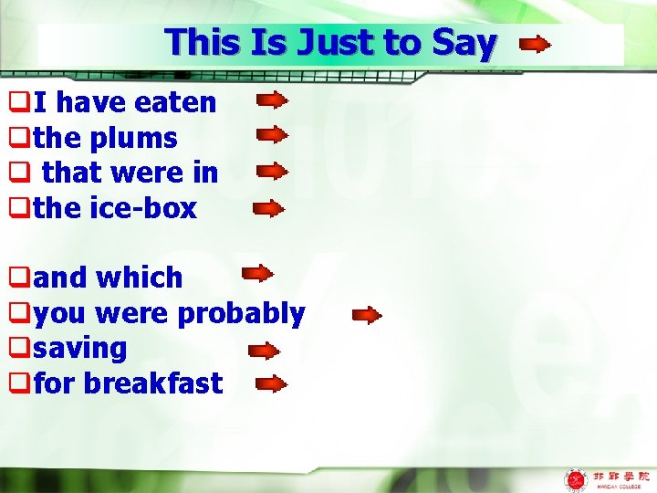 This Is Just to Say q. I have eaten qthe plums q that were