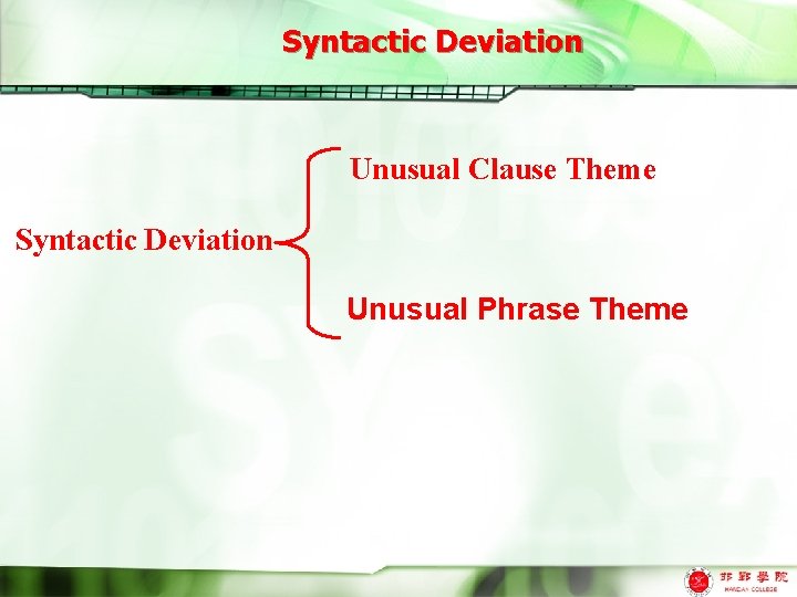 Syntactic Deviation Unusual Clause Theme Syntactic Deviation Unusual Phrase Theme 