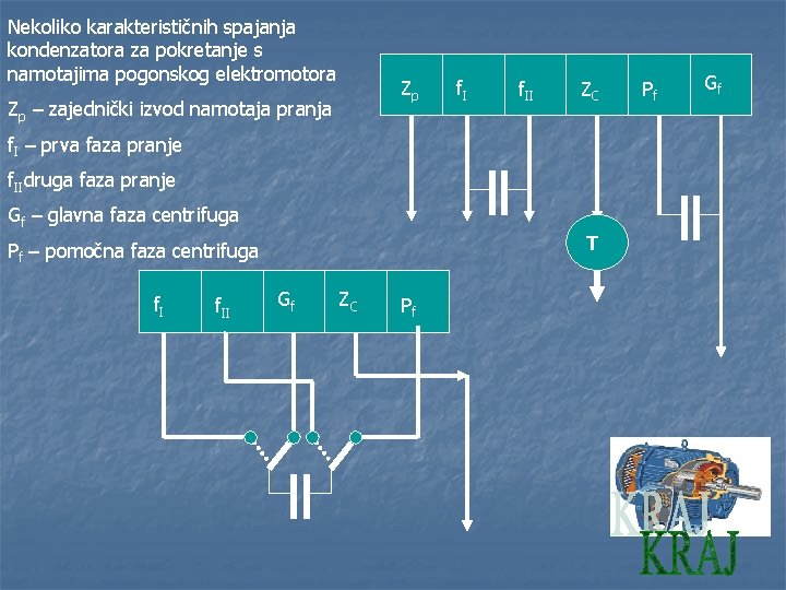 Nekoliko karakterističnih spajanja kondenzatora za pokretanje s namotajima pogonskog elektromotora Zp Zp – zajednički