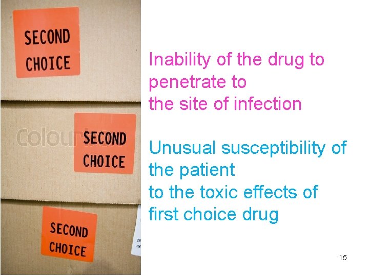 Inability of the drug to penetrate to the site of infection Unusual susceptibility of