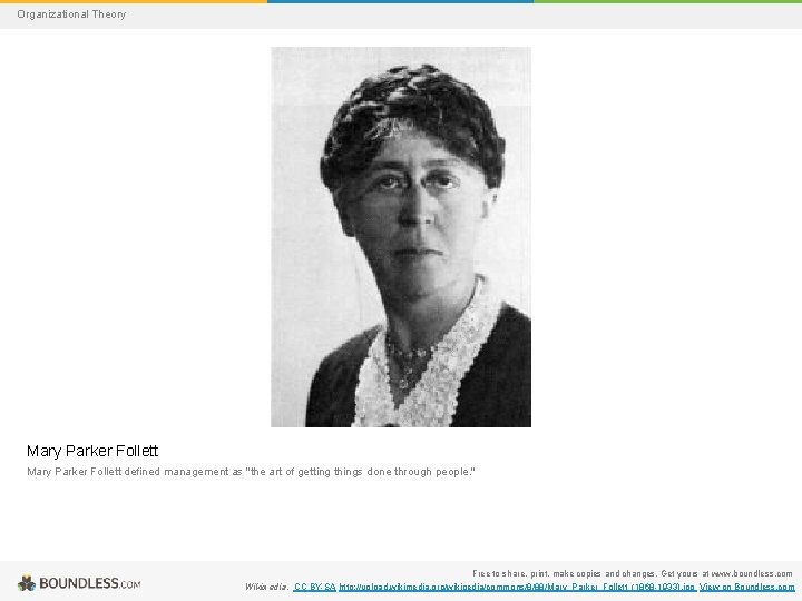 Organizational Theory Mary Parker Follett defined management as "the art of getting things done