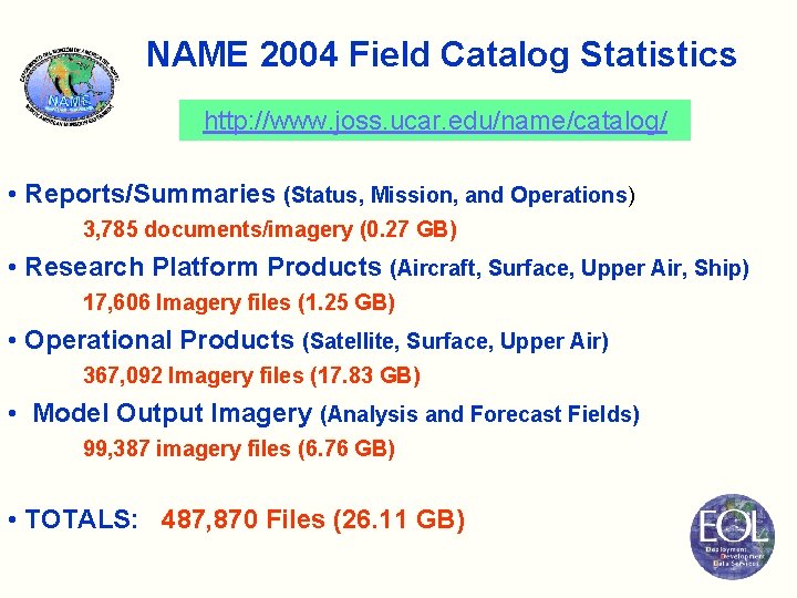 NAME 2004 Field Catalog Statistics http: //www. joss. ucar. edu/name/catalog/ • Reports/Summaries (Status, Mission,