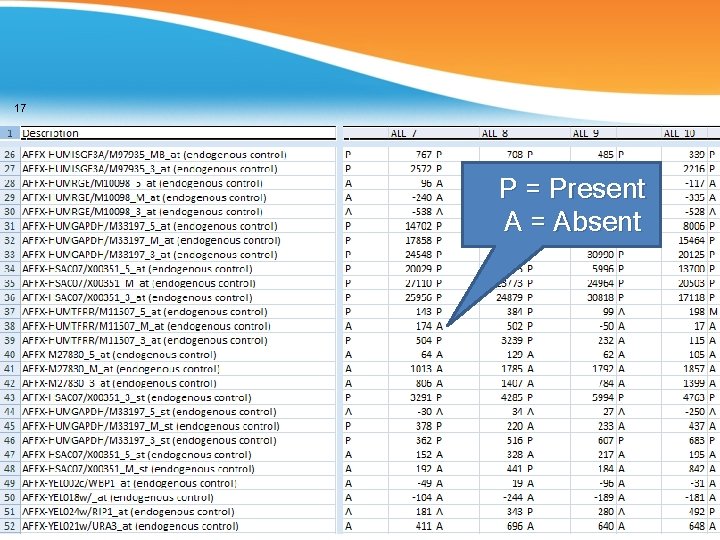 17 An example of data file P = Present A = Absent 
