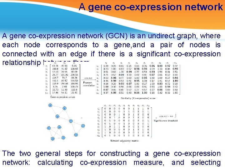 A gene co-expression network (GCN) is an undirect graph, where each node corresponds to