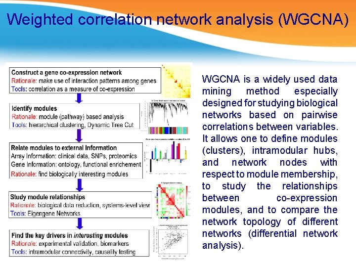 Weighted correlation network analysis (WGCNA) WGCNA is a widely used data mining method especially