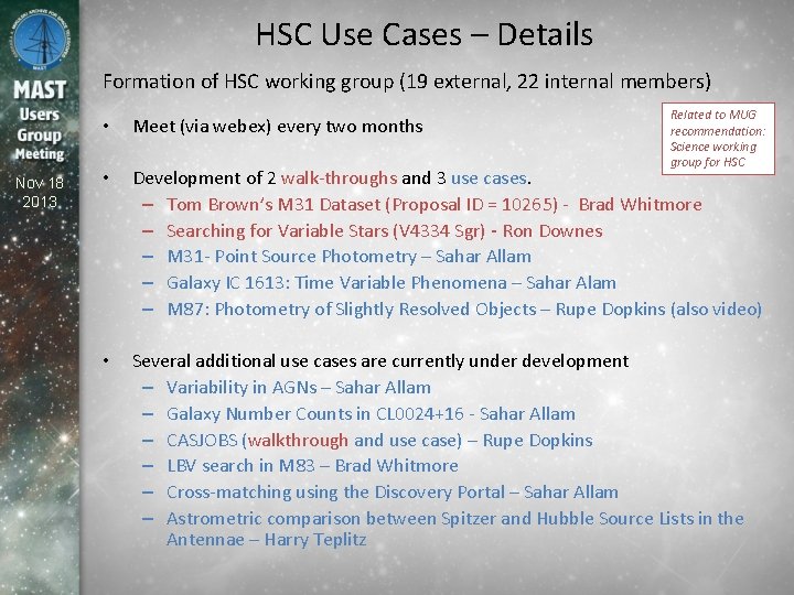 HSC Use Cases – Details Formation of HSC working group (19 external, 22 internal