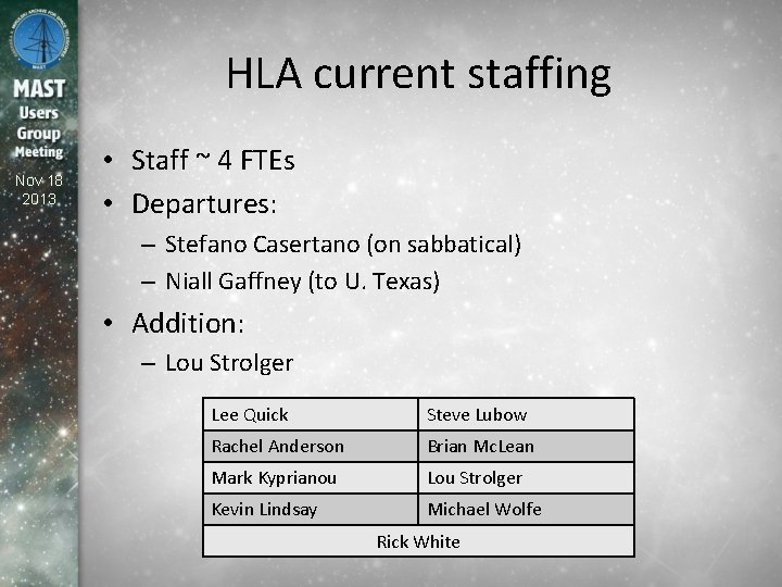 HLA current staffing Nov 18 2013 • Staff ~ 4 FTEs • Departures: –