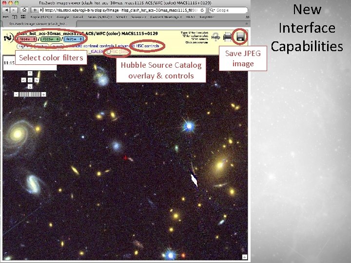 Select color filters Nov 18 2013 Hubble Source Catalog overlay & controls Save JPEG