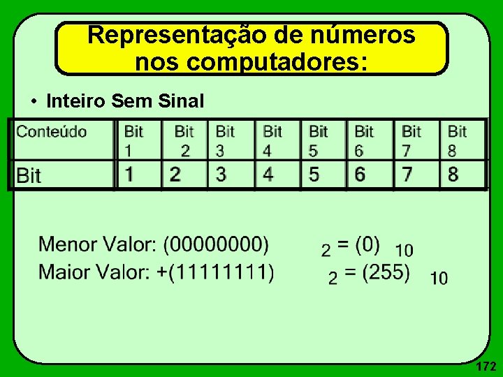 Representação de números nos computadores: • Inteiro Sem Sinal 172 