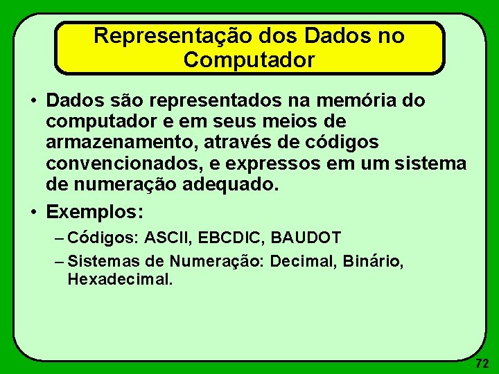 Representação dos Dados no Computador • Dados são representados na memória do computador e