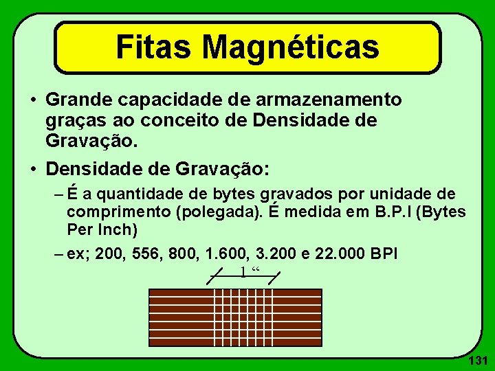 Fitas Magnéticas • Grande capacidade de armazenamento graças ao conceito de Densidade de Gravação.