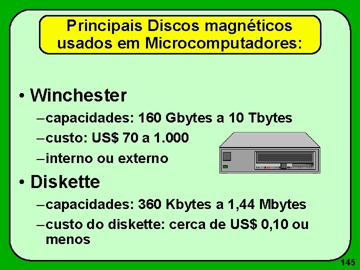 Principais Discos magnéticos usados em Microcomputadores: • Winchester – capacidades: 160 Gbytes a 10