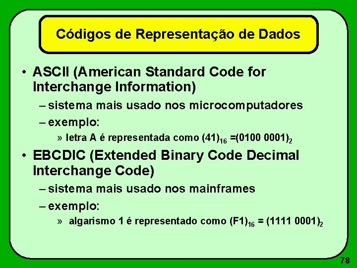 Códigos de Representação de Dados • ASCII (American Standard Code for Interchange Information) –