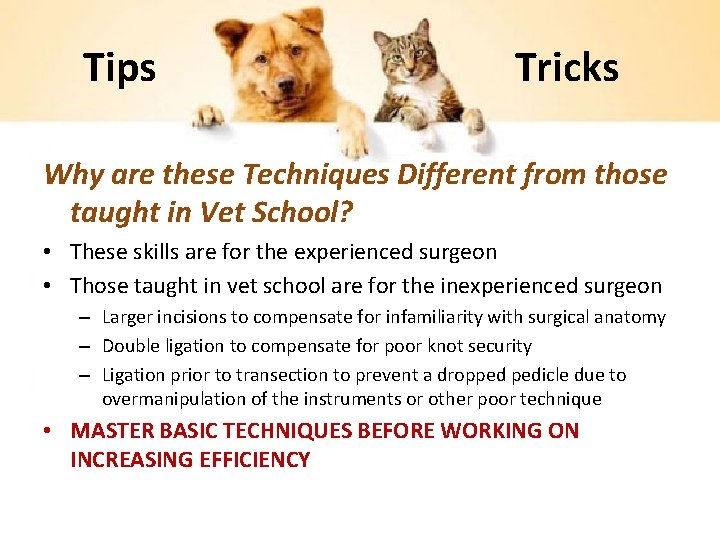 Tips Tricks Why are these Techniques Different from those taught in Vet School? •
