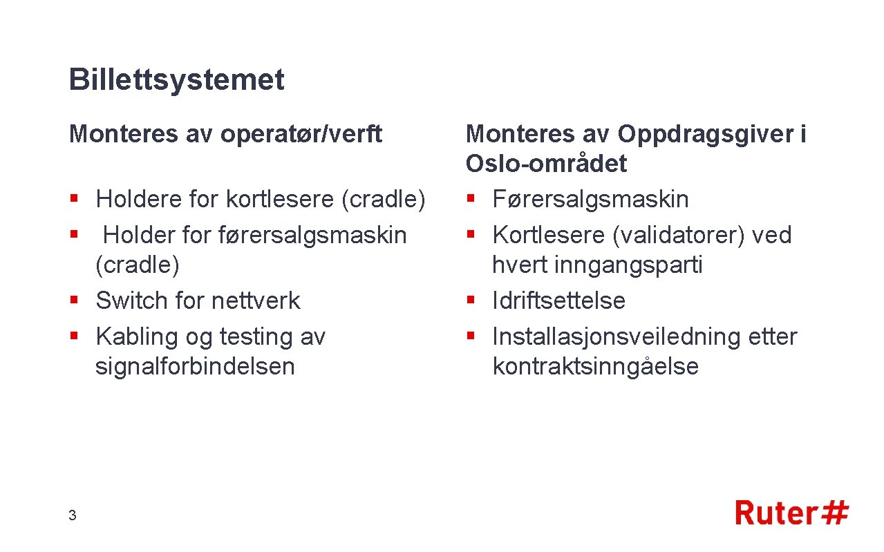 Billettsystemet Monteres av operatør/verft § Holdere for kortlesere (cradle) § Holder for førersalgsmaskin (cradle)