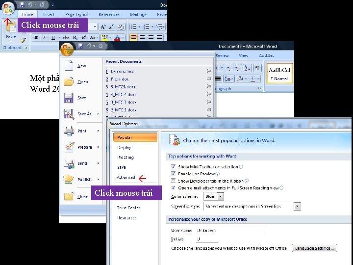 Một phần windows Microsoft Word 2007 Click mouse trái 