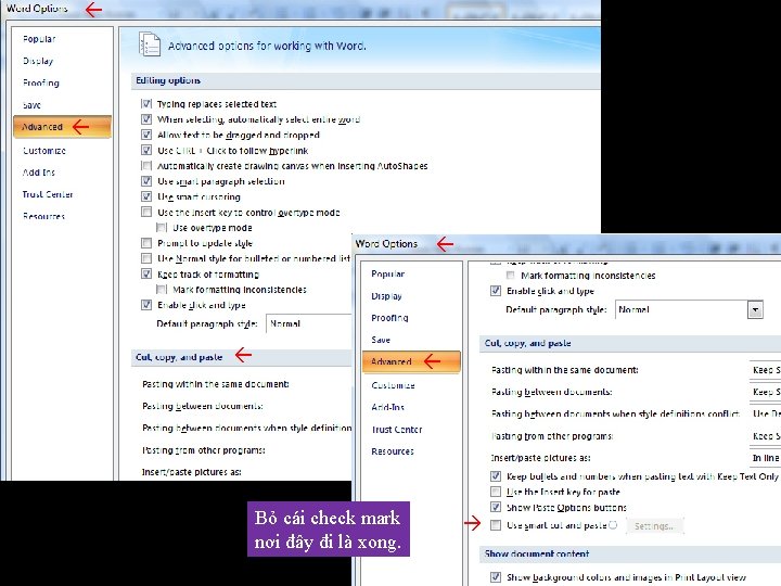  Phần cut /copy nầy khá dài, kéo xuống thêm Bỏ cái check mark