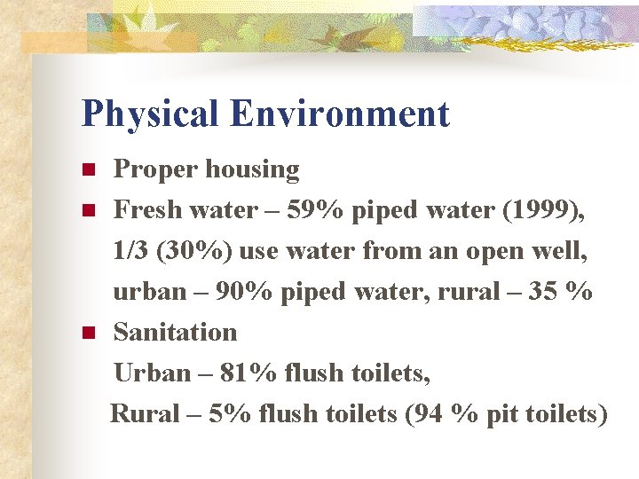 Physical Environment n n n Proper housing Fresh water – 59% piped water (1999),