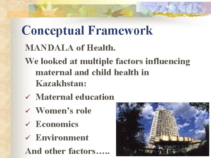 Conceptual Framework MANDALA of Health. We looked at multiple factors influencing maternal and child