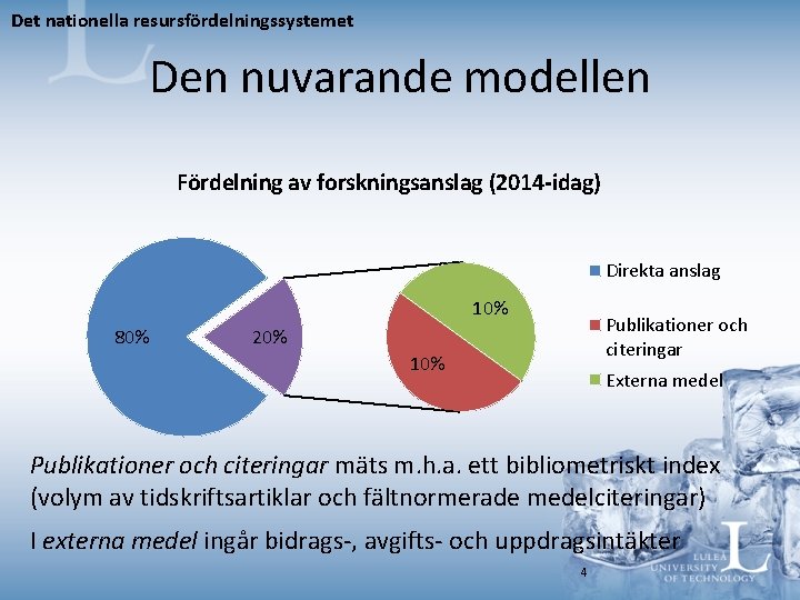 Det nationella resursfördelningssystemet Den nuvarande modellen Fördelning av forskningsanslag (2014 -idag) Direkta anslag 10%