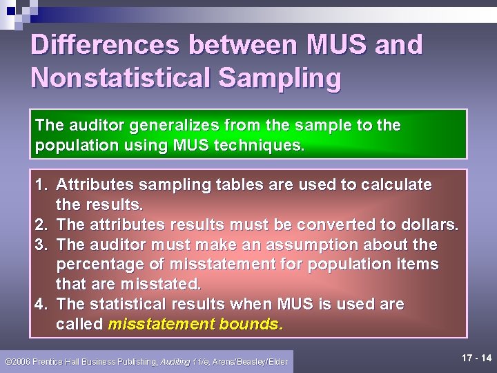 Differences between MUS and Nonstatistical Sampling The auditor generalizes from the sample to the